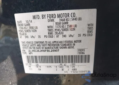 2015 Lincoln Mkx from USA, damaged, VIN 2LMDJ6JK6FBL25907